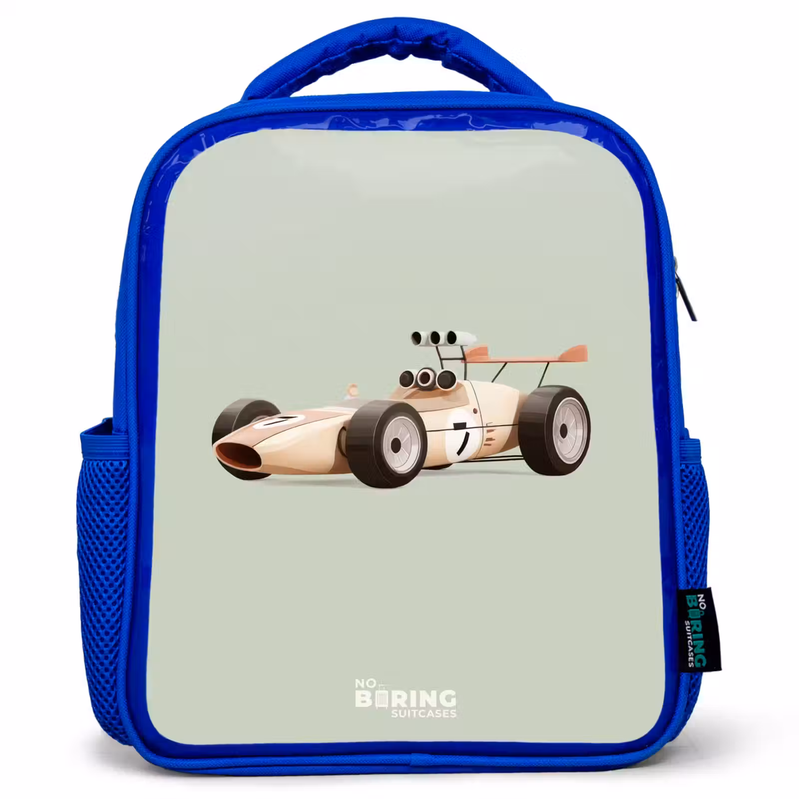 Kinderrugzak - Blauw - Beige retro raceauto op groen achtergrond — 1