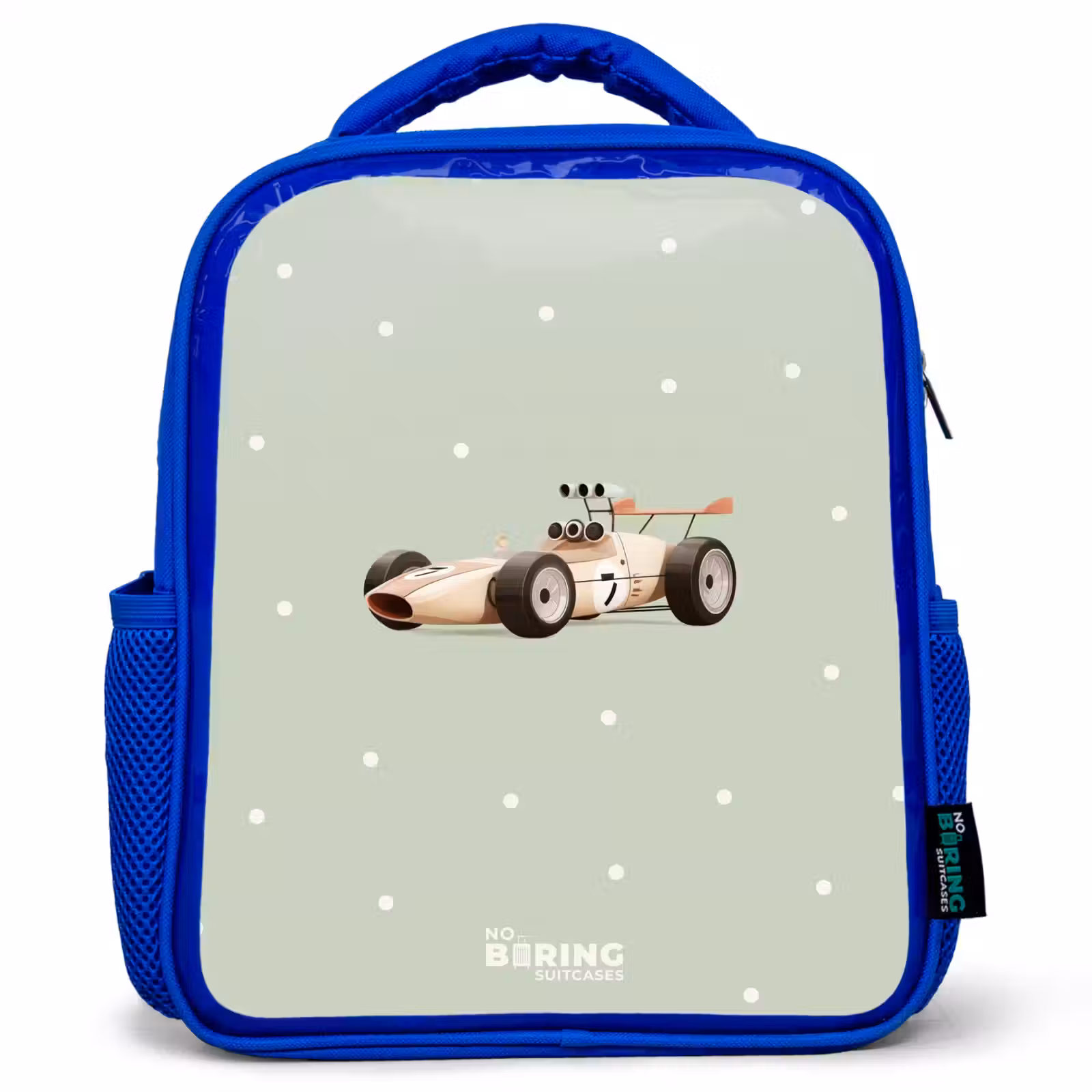 Kinderrugzak - Blauw - Beige retro raceauto op groene stippen achtergrond — 1