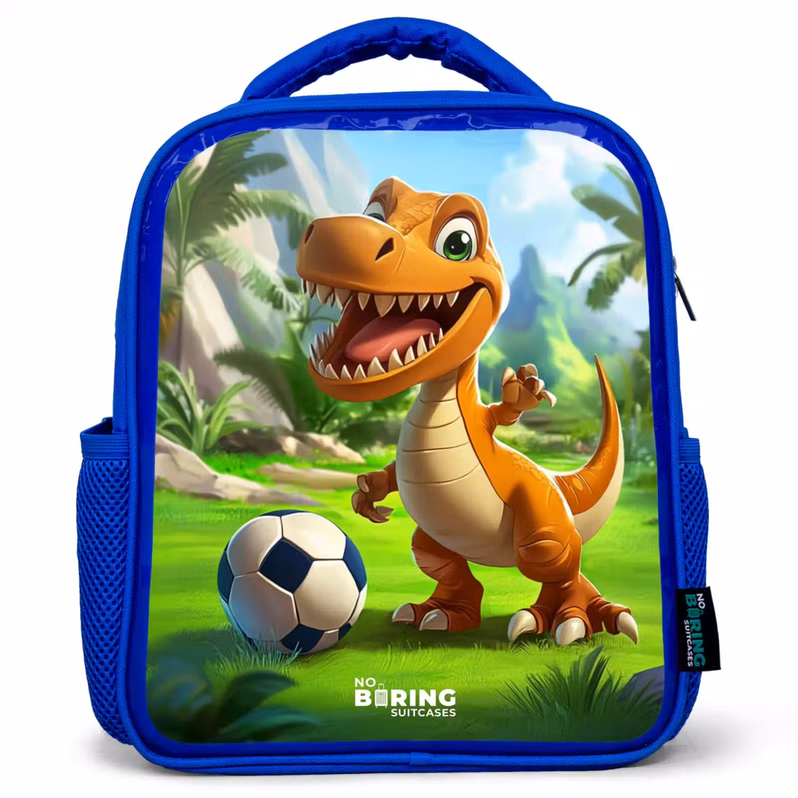 Kinderrugzak - Blauw - Dino met een voetbal in groen landschap — 1