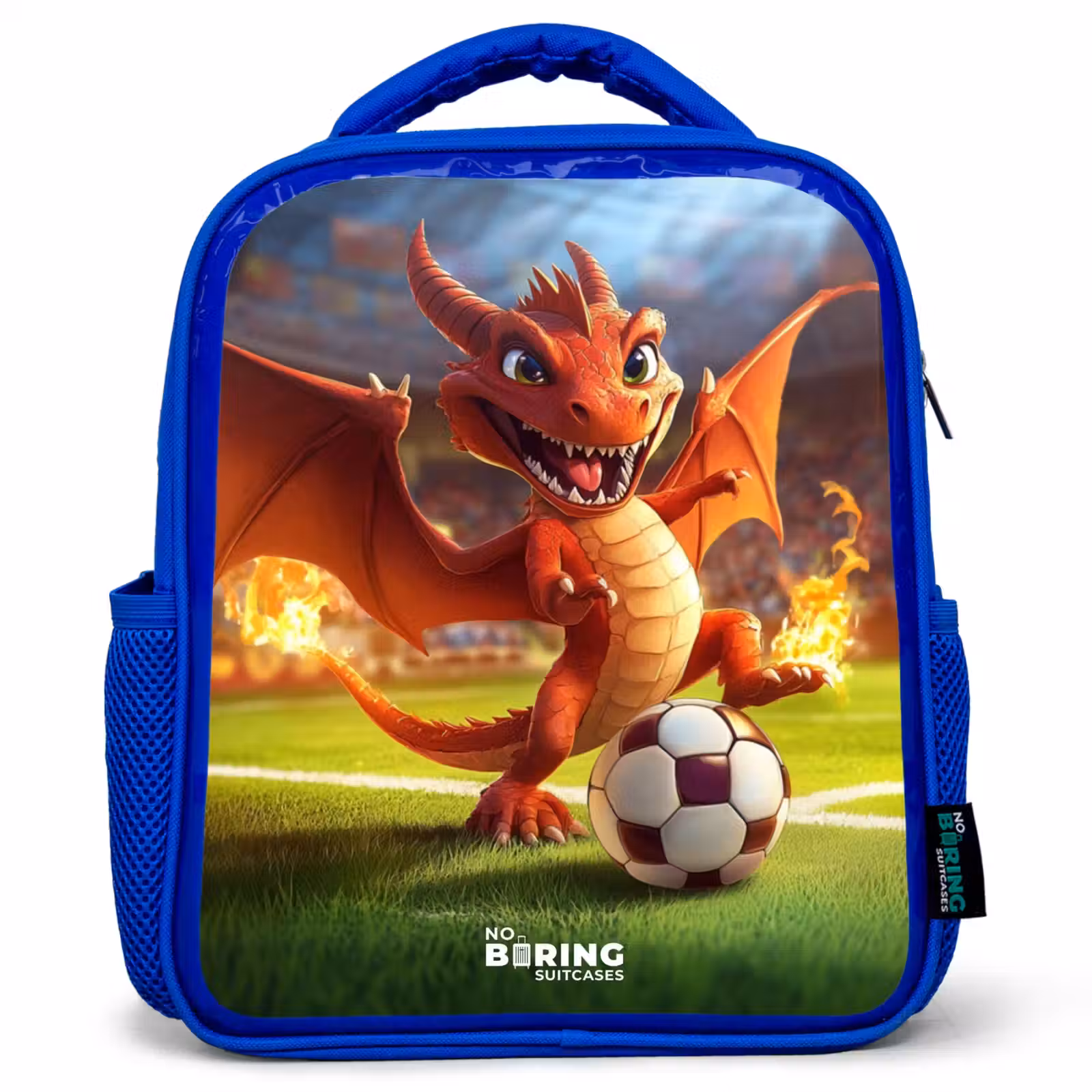 Kinderrugzak - Blauw - Rode draak voetbalt in zonnig stadion — 1