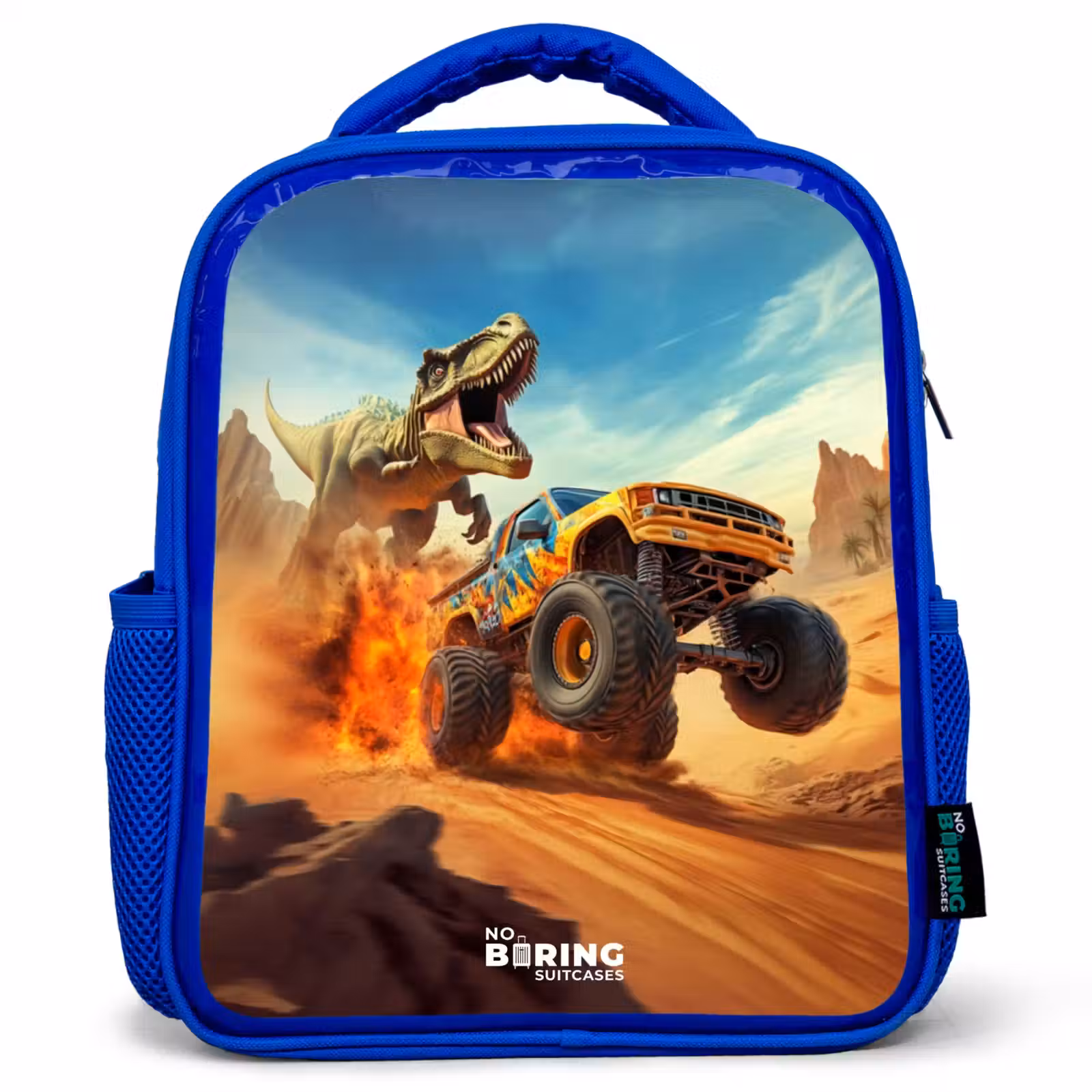 Kinderrugzak - Blauw - Vluchtende truck voor T-Rex in vurige woestijn — 1