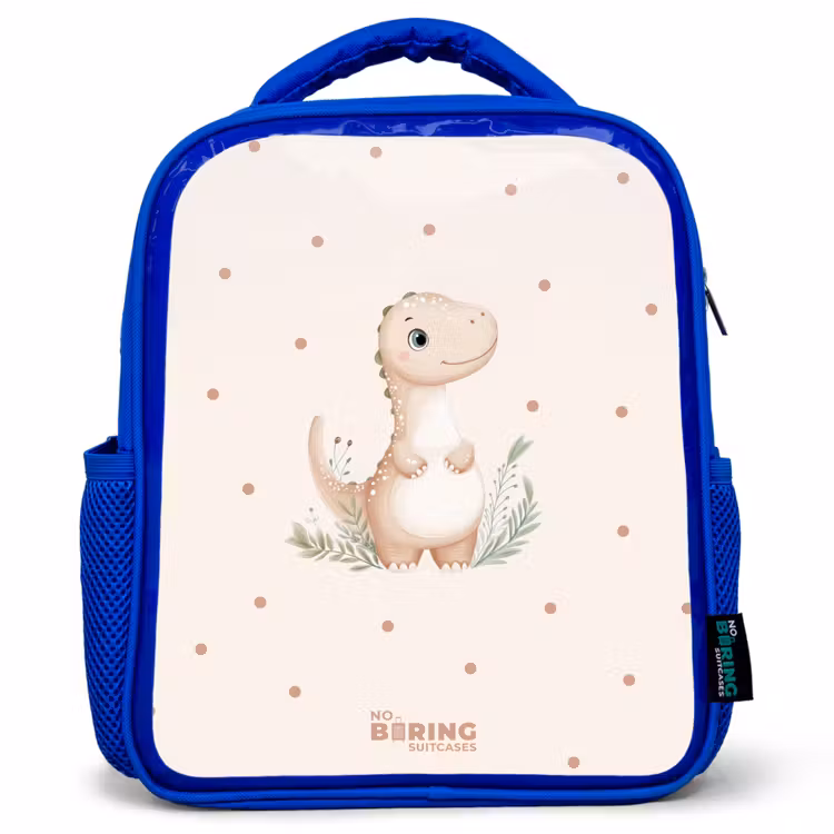 Kinderrugzak - Blauw - Beige dino op een stippen achtergrond — 1