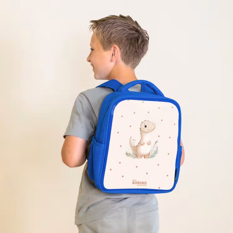 Kinderrugzak - Blauw - Beige dino op een stippen achtergrond — 3