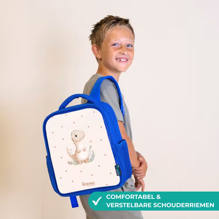 Kinderrugzak - Blauw - Beige dino op een stippen achtergrond — 4