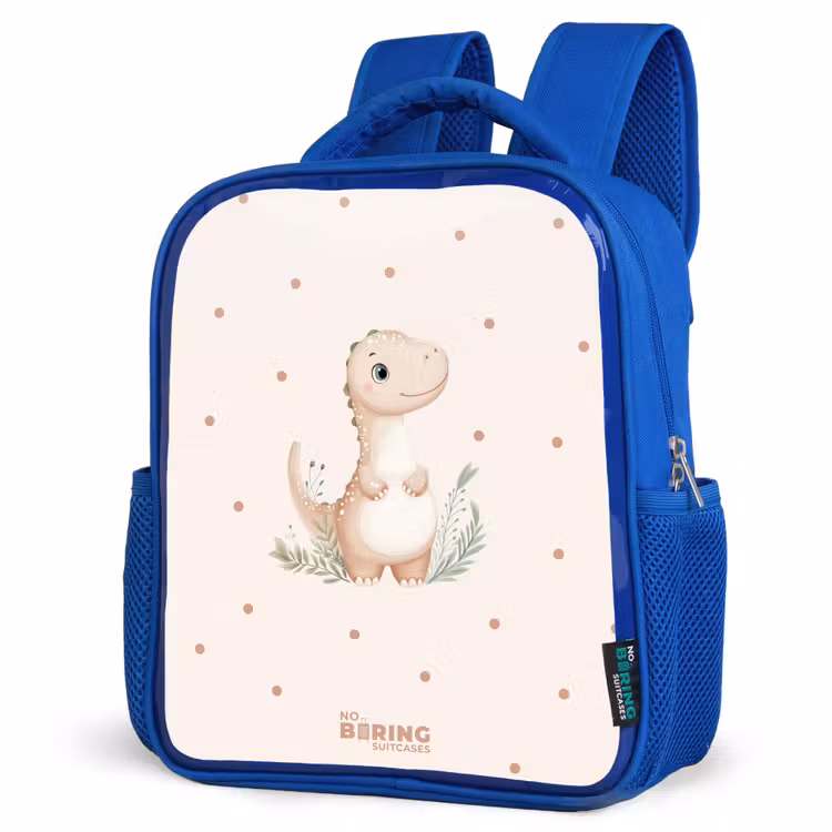 Kinderrugzak - Blauw - Beige dino op een stippen achtergrond — 9