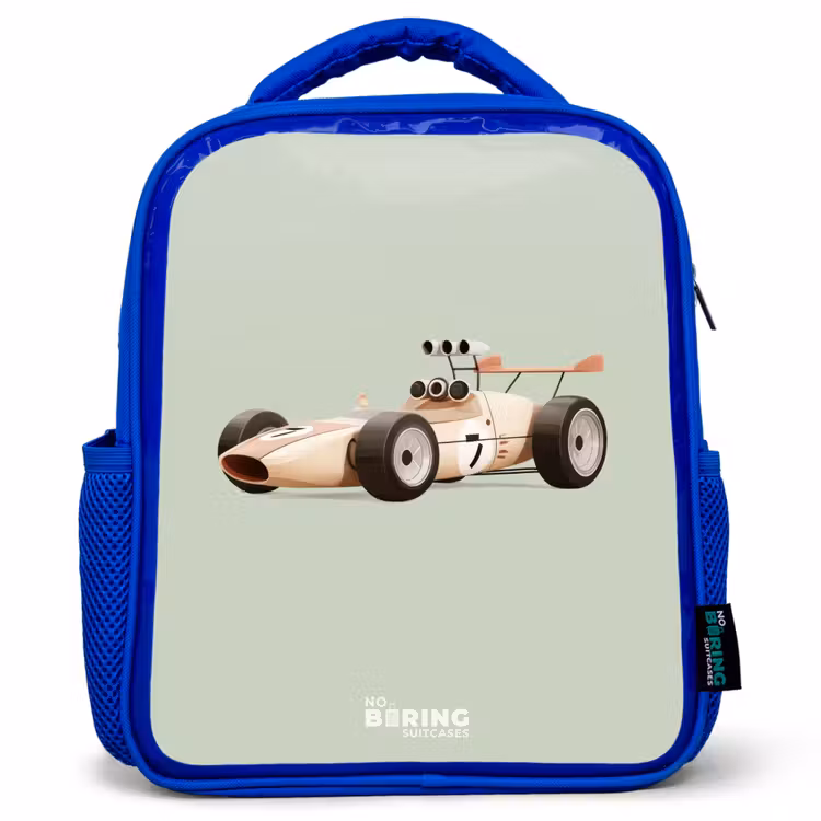 Kinderrugzak - Blauw - Beige retro raceauto op groen achtergrond — 1