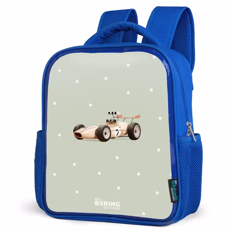 Kinderrugzak - Blauw - Beige retro raceauto op groene stippen achtergrond — 9