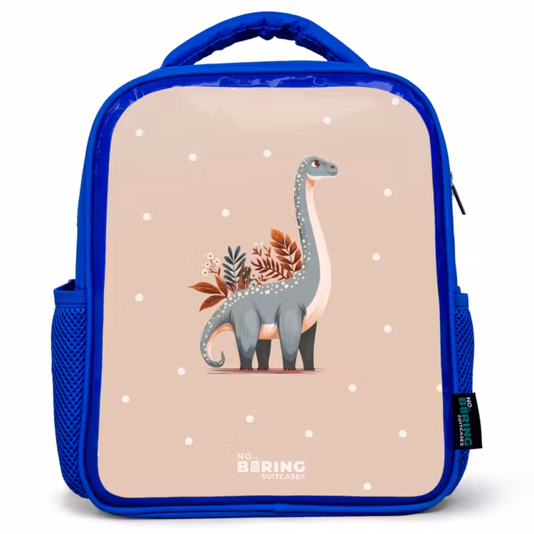 Kinderrugzak - Blauw - Blauwe dinosaurus op een beige stippenachtergrond — 1