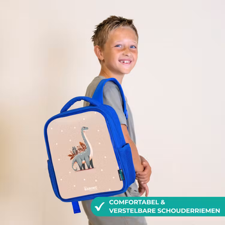 Kinderrugzak - Blauw - Blauwe dinosaurus op een beige stippenachtergrond — 4