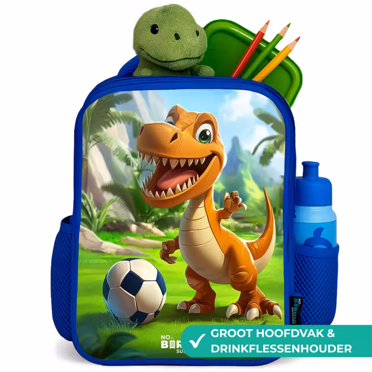 Kinderrugzak - Blauw - Dino met een voetbal in groen landschap — 5