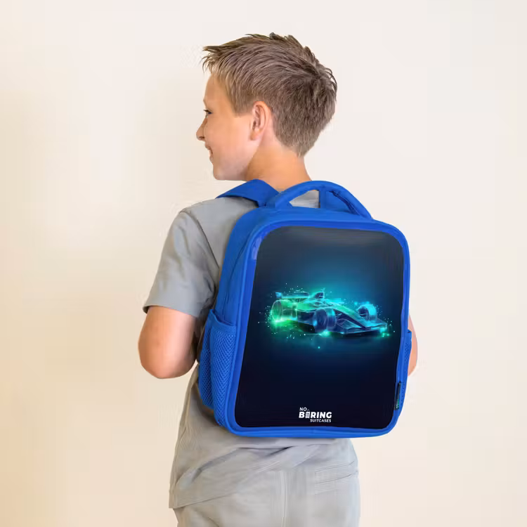 Kinderrugzak - Blauw - Neon racewagen in digitale stijl — 3