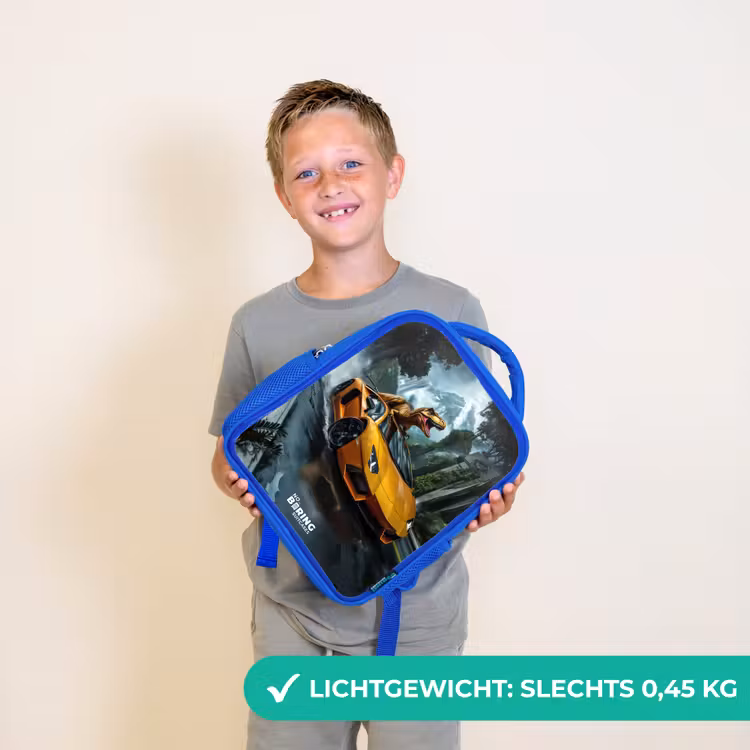 Kinderrugzak - Blauw - T-Rex op oranje sportauto in regenachtig woud — 2