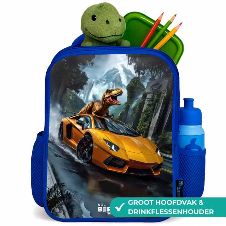Kinderrugzak - Blauw - T-Rex op oranje sportauto in regenachtig woud — 5