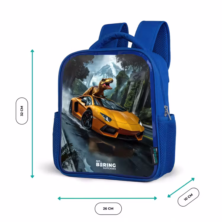 Kinderrugzak - Blauw - T-Rex op oranje sportauto in regenachtig woud — 6