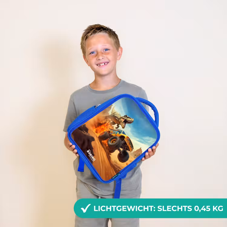 Kinderrugzak - Blauw - Vluchtende truck voor T-Rex in vurige woestijn — 2