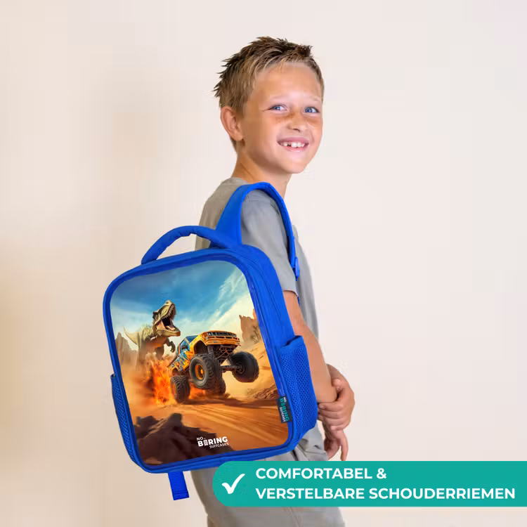 Kinderrugzak - Blauw - Vluchtende truck voor T-Rex in vurige woestijn — 4