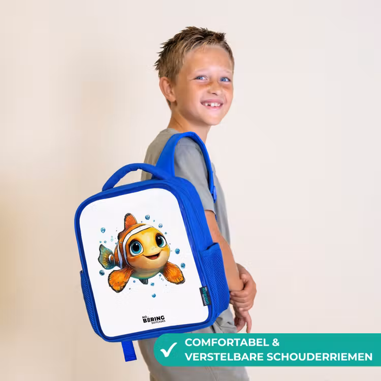 Kinderrugzak - Blauw - Clownvis met bellen op witte achtergrond — 4