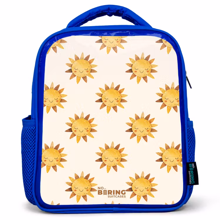Kinderrugzak - Blauw - Lachende zonnetjes als patroon op beige achtergrond — 1