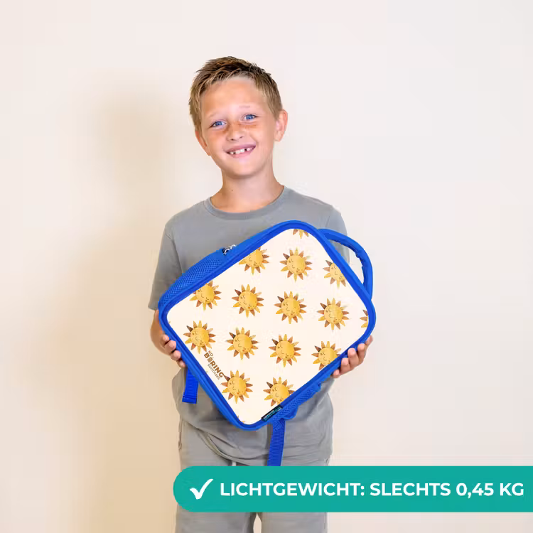 Kinderrugzak - Blauw - Lachende zonnetjes als patroon op beige achtergrond — 2