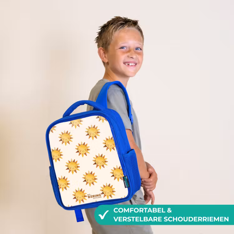 Kinderrugzak - Blauw - Lachende zonnetjes als patroon op beige achtergrond — 4