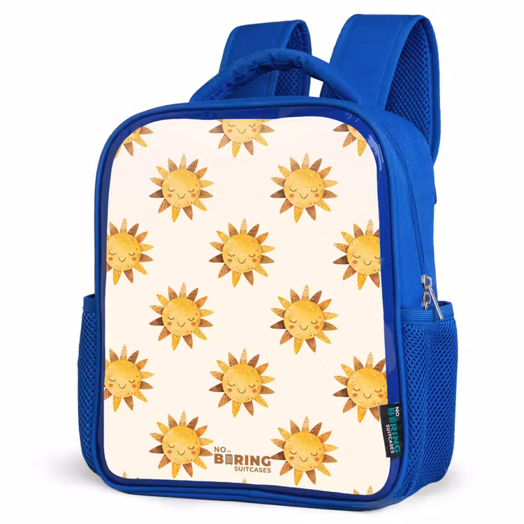 Kinderrugzak - Blauw - Lachende zonnetjes als patroon op beige achtergrond — 9