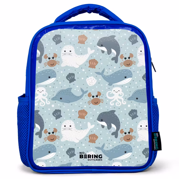 Kinderrugzak - Blauw - Zeedierenpatroon met dolfijnen, zeehonden en krabben — 1