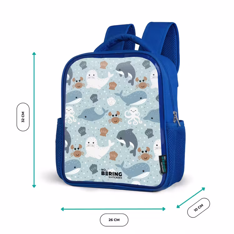 Kinderrugzak - Blauw - Zeedierenpatroon met dolfijnen, zeehonden en krabben — 6