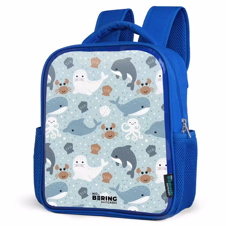 Kinderrugzak - Blauw - Zeedierenpatroon met dolfijnen, zeehonden en krabben — 9