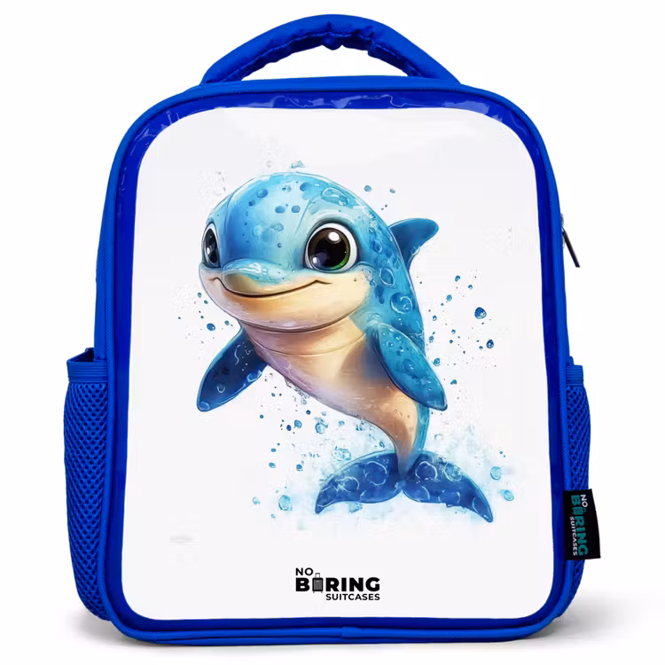 Kinderrugzak - Blauw - Blije dolfijn met waterdruppels op wit — 1