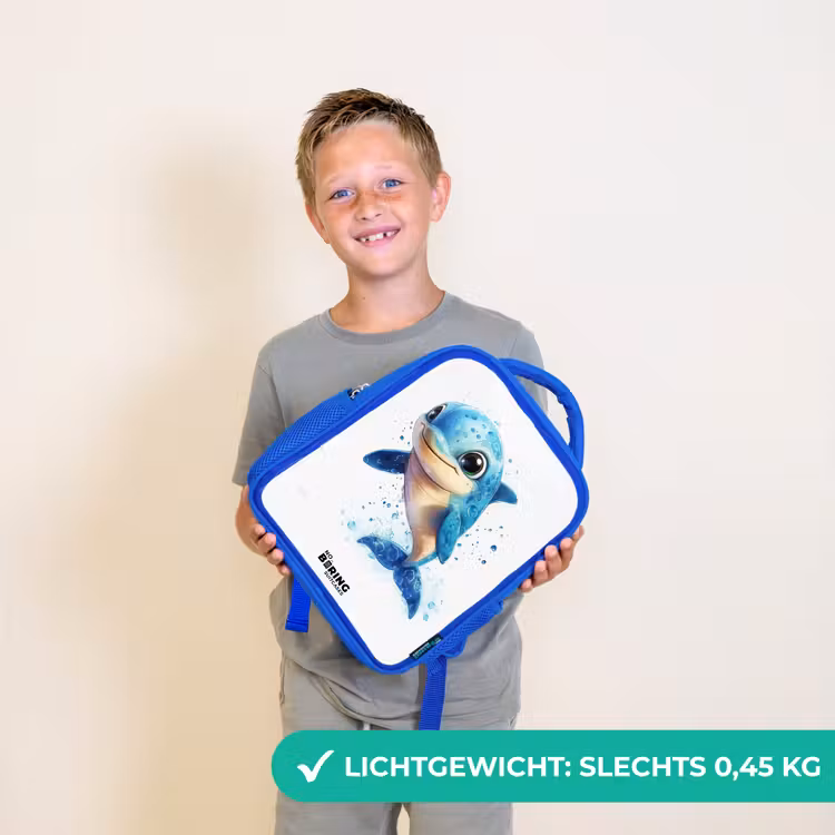 Kinderrugzak - Blauw - Blije dolfijn met waterdruppels op wit — 2