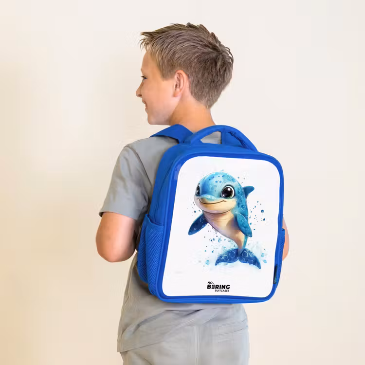 Kinderrugzak - Blauw - Blije dolfijn met waterdruppels op wit — 3