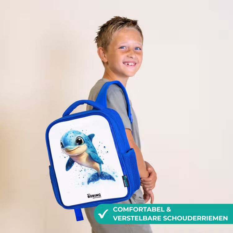 Kinderrugzak - Blauw - Blije dolfijn met waterdruppels op wit — 4