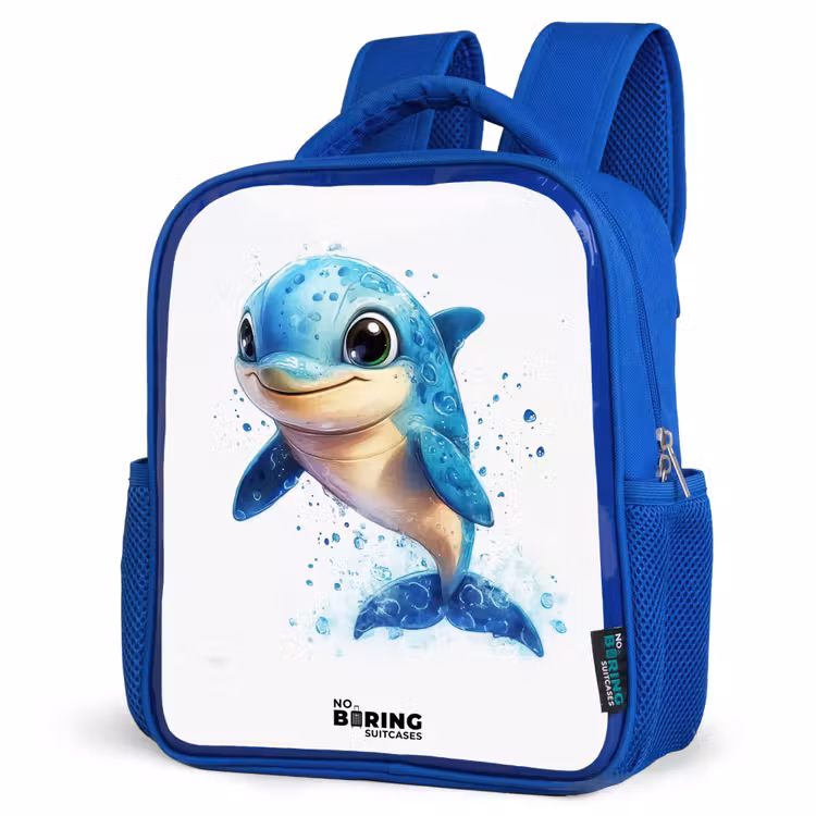 Kinderrugzak - Blauw - Blije dolfijn met waterdruppels op wit — 9