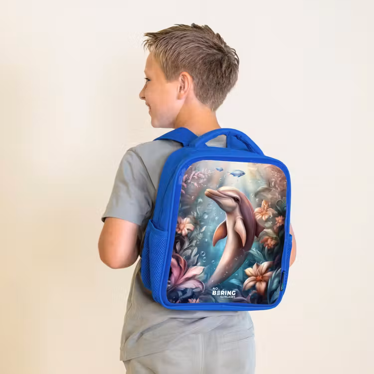 Kinderrugzak - Blauw - Dolfijn en vissen in onderwater bloemenwereld — 3