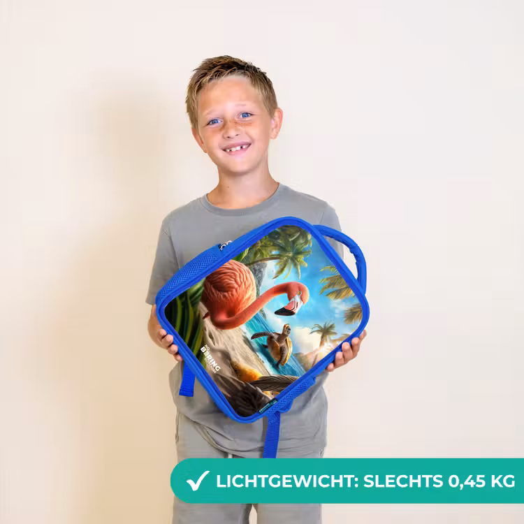 Kinderrugzak - Blauw - Flamingo en schildpad op tropisch strand — 2