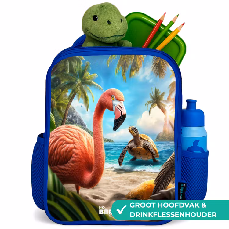 Kinderrugzak - Blauw - Flamingo en schildpad op tropisch strand — 5