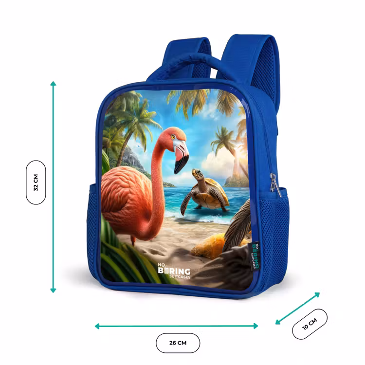 Kinderrugzak - Blauw - Flamingo en schildpad op tropisch strand — 6