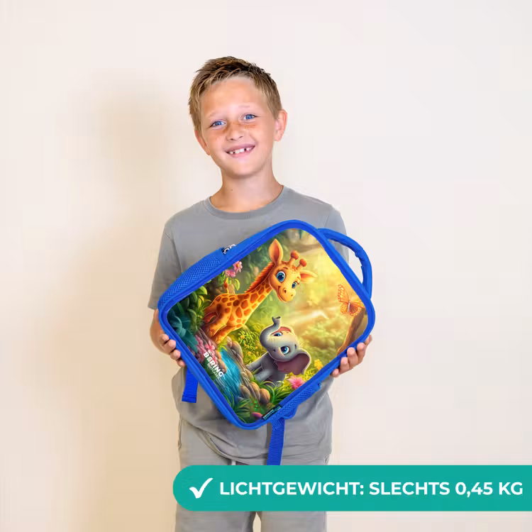 Kinderrugzak - Blauw - Giraf en olifant bij beekje in de Jungle — 2