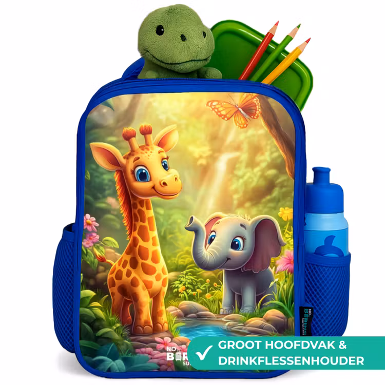 Kinderrugzak - Blauw - Giraf en olifant bij beekje in de Jungle — 5