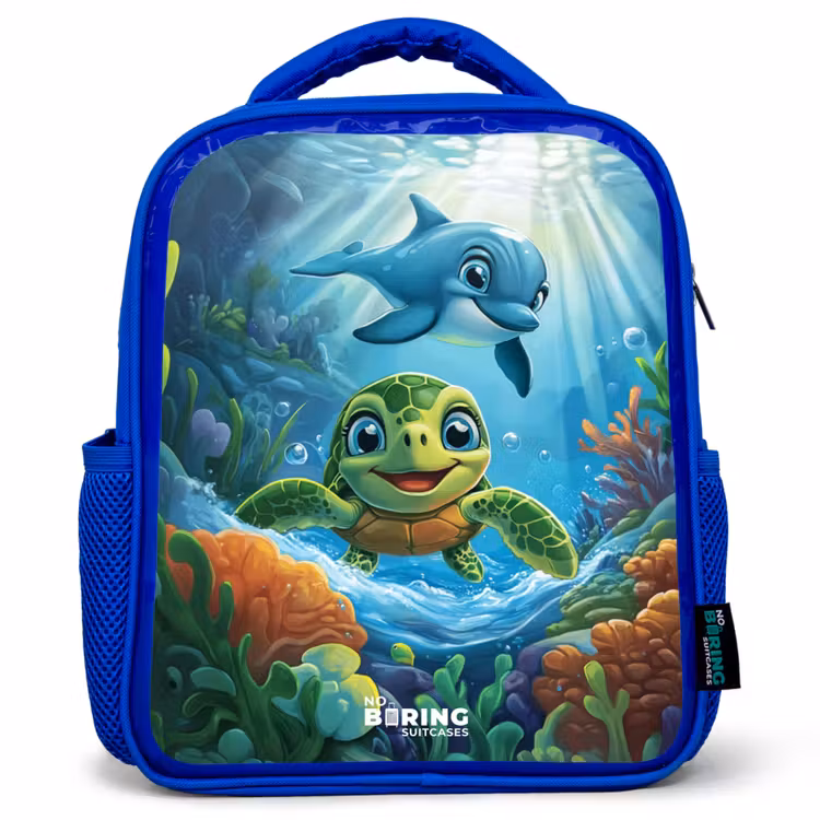 Kinderrugzak - Blauw - Schildpad en dolfijn in blauwe oceaan — 1