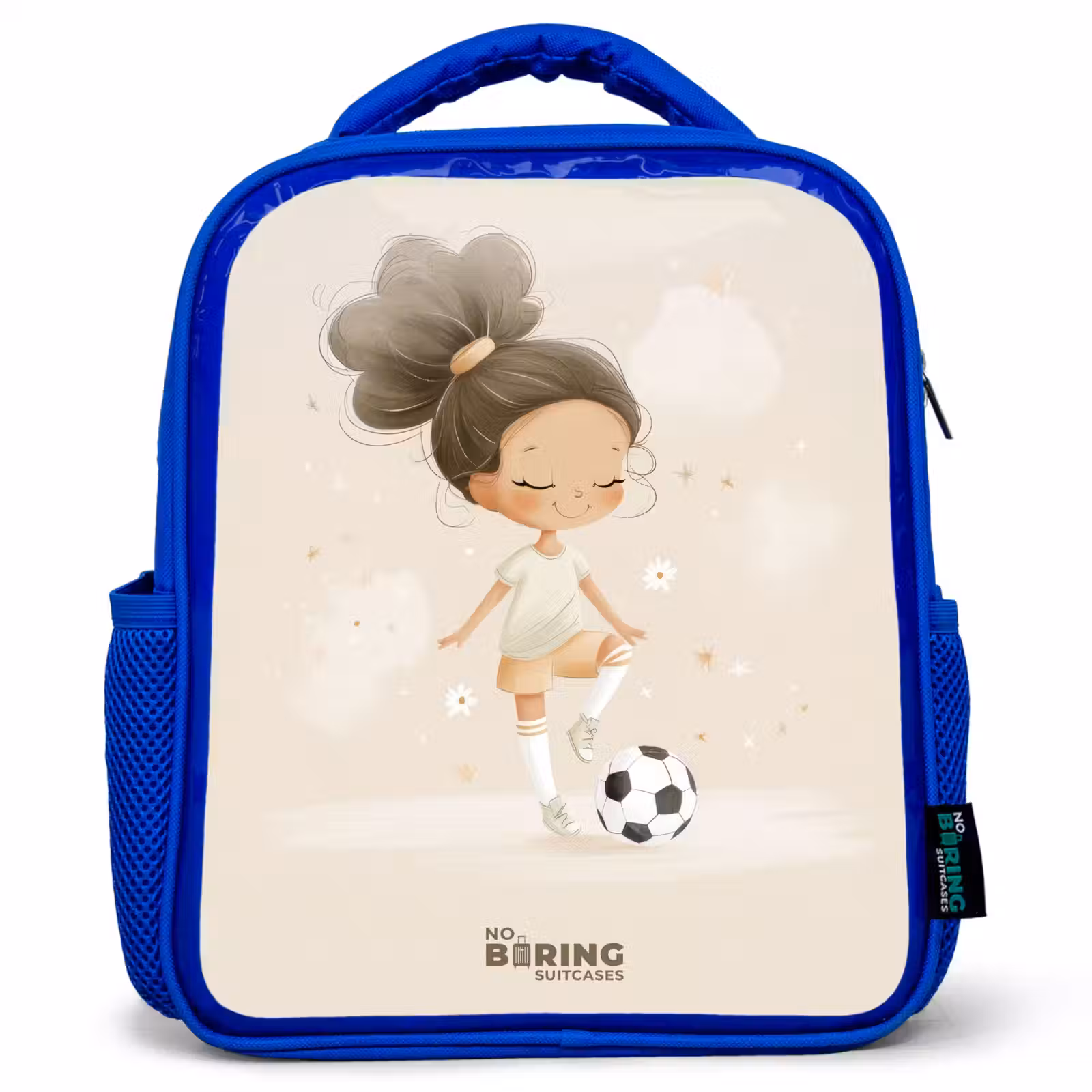 Kinderrugzak - Blauw - Meisje met een voetbal in beige kleuren — 1