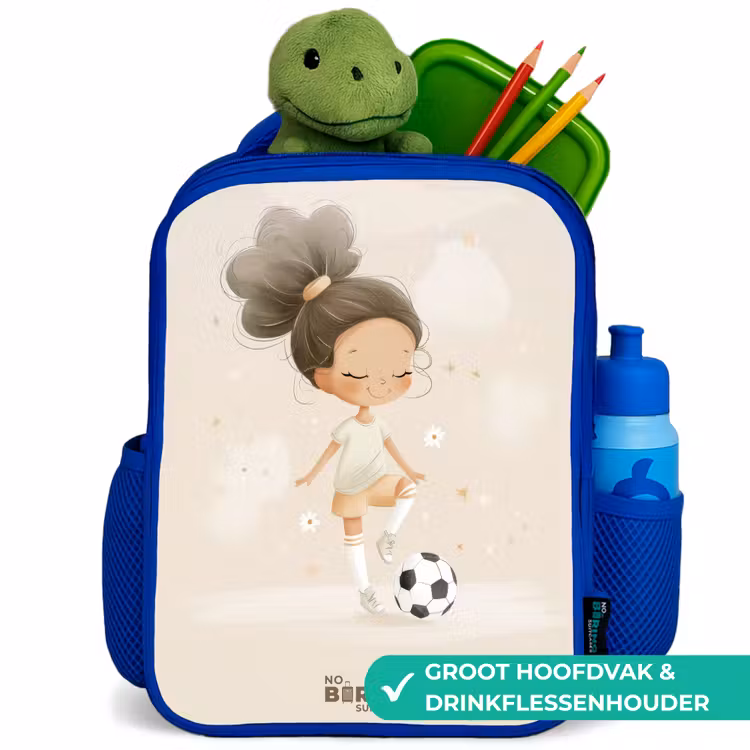 Kinderrugzak - Blauw - Meisje met een voetbal in beige kleuren — 5