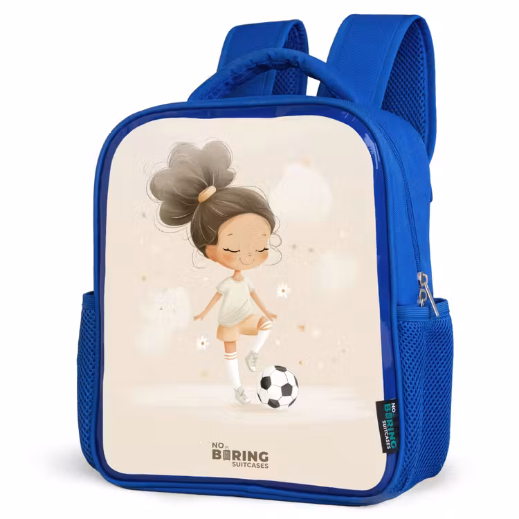 Kinderrugzak - Blauw - Meisje met een voetbal in beige kleuren — 9