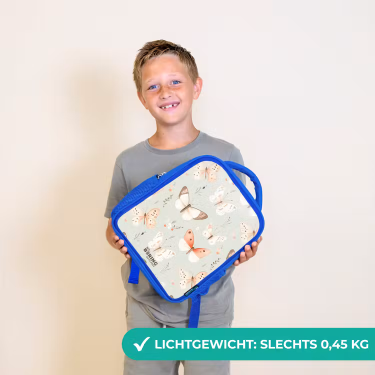 Kinderrugzak - Blauw - Vlinder patroon in zachte oranje en rode tinten — 2