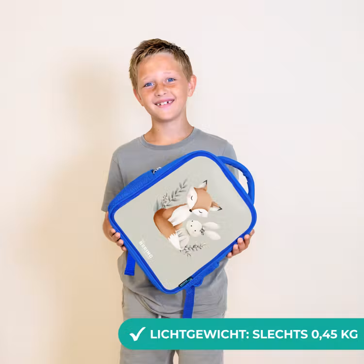 Kinderrugzak - Blauw - Vos en konijn omringd door groene blaadjes — 2