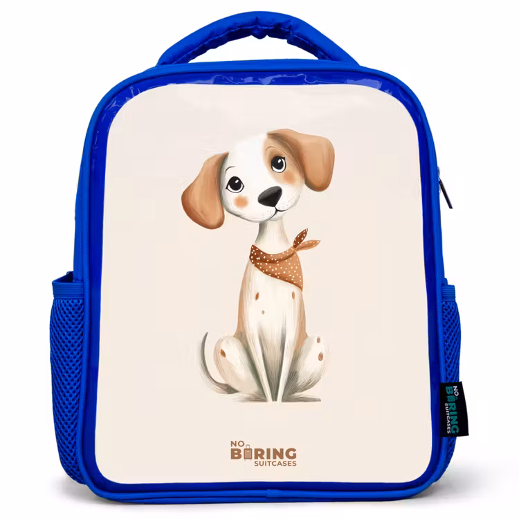 Kinderrugzak - Blauw - Bruin gevlekte pup op een beige achtergrond — 1