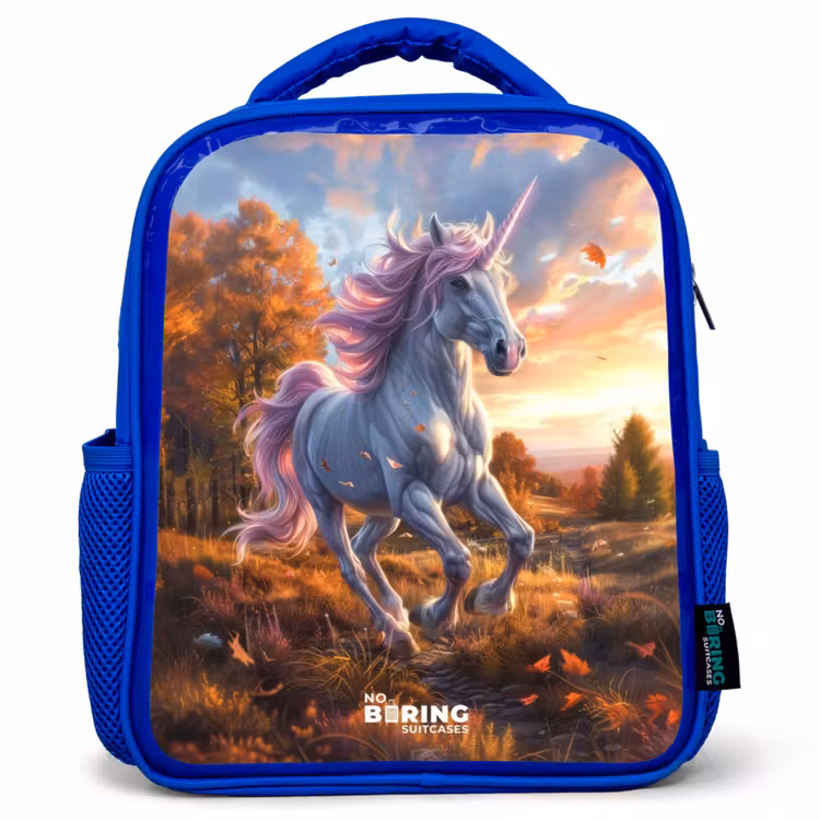 Kinderrugzak - Blauw - Galopperende Eenhoorn in Herfstwereld — 1