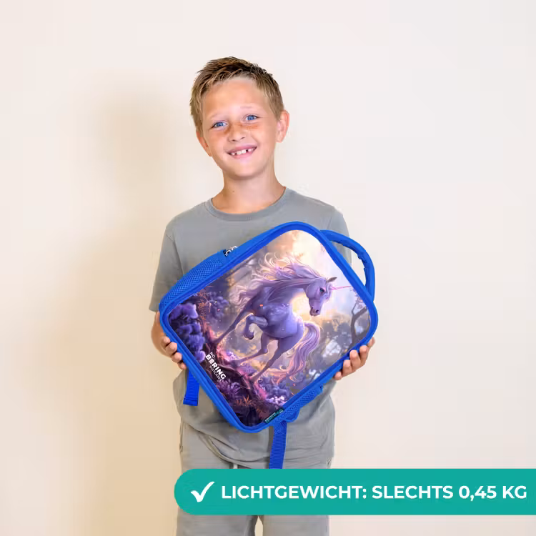 Kinderrugzak - Blauw - Portret van een Eenhoorn tussen Paarse Bloemen — 2