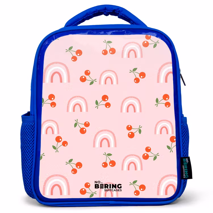 Kinderrugzak - Blauw - Roze met regenboog en kersen patroon — 1