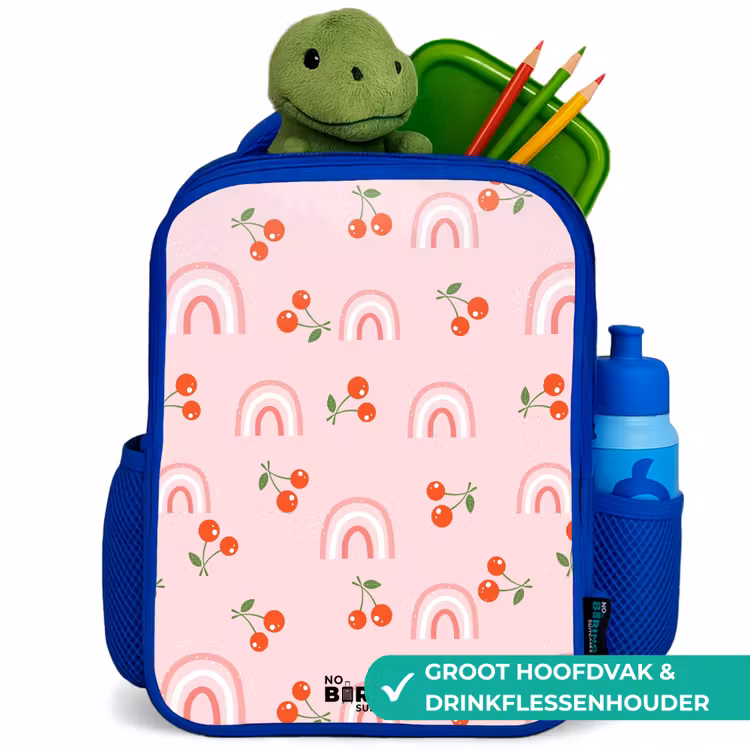 Kinderrugzak - Blauw - Roze met regenboog en kersen patroon — 5